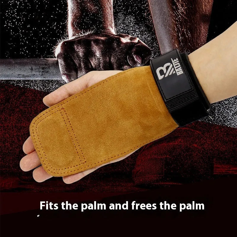 A pair of brown fitness hand protectors or wrist guards laid flat.