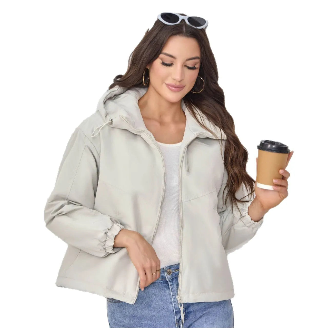 Women's hooded shell jacket in polyester available in grey, black, and purple with loose fit