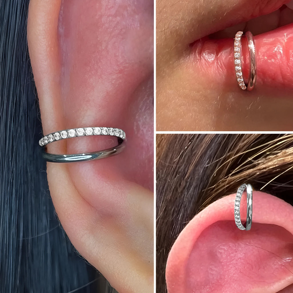 F136 titanium alloy nose ring in silver, gold, black, rose gold, and colourful finishes showing 1.2mm gauge.
