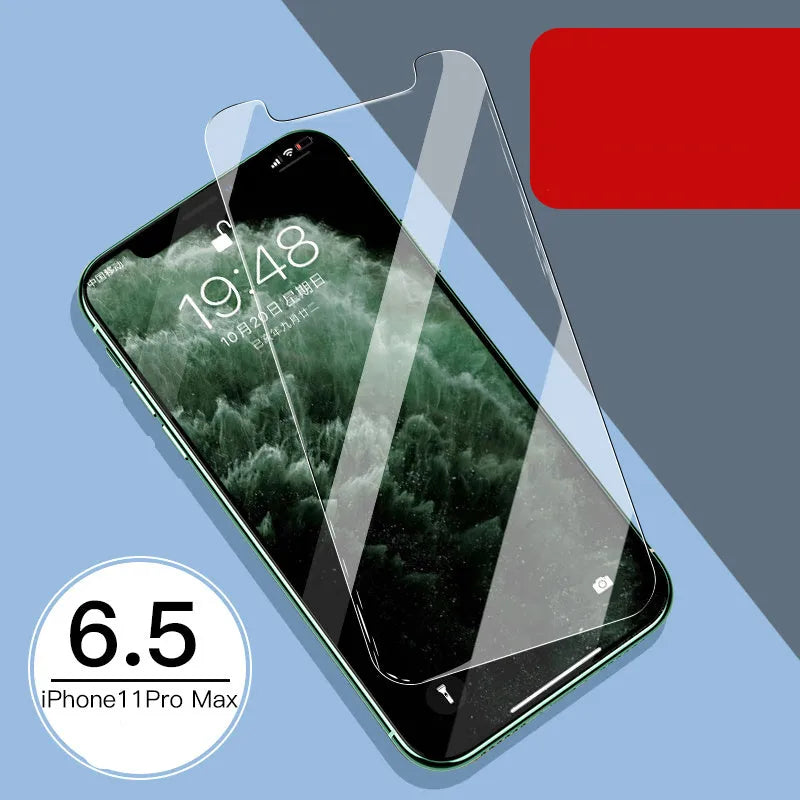 iPhone tempered glass screen protector set showing front and rear films for 11, X, and XR models.