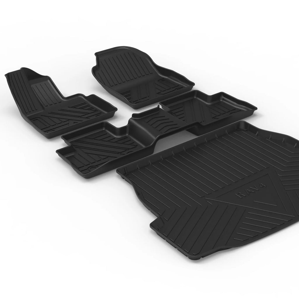 Black carbon fibre pattern TPE car boot liner mat for vehicle cargo protection.