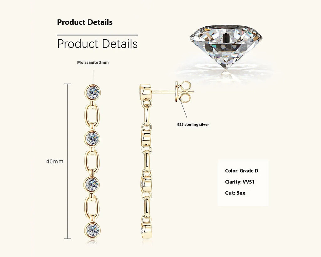 Silver tassel moissanite stud earrings in retro European American geometric style, gold colour