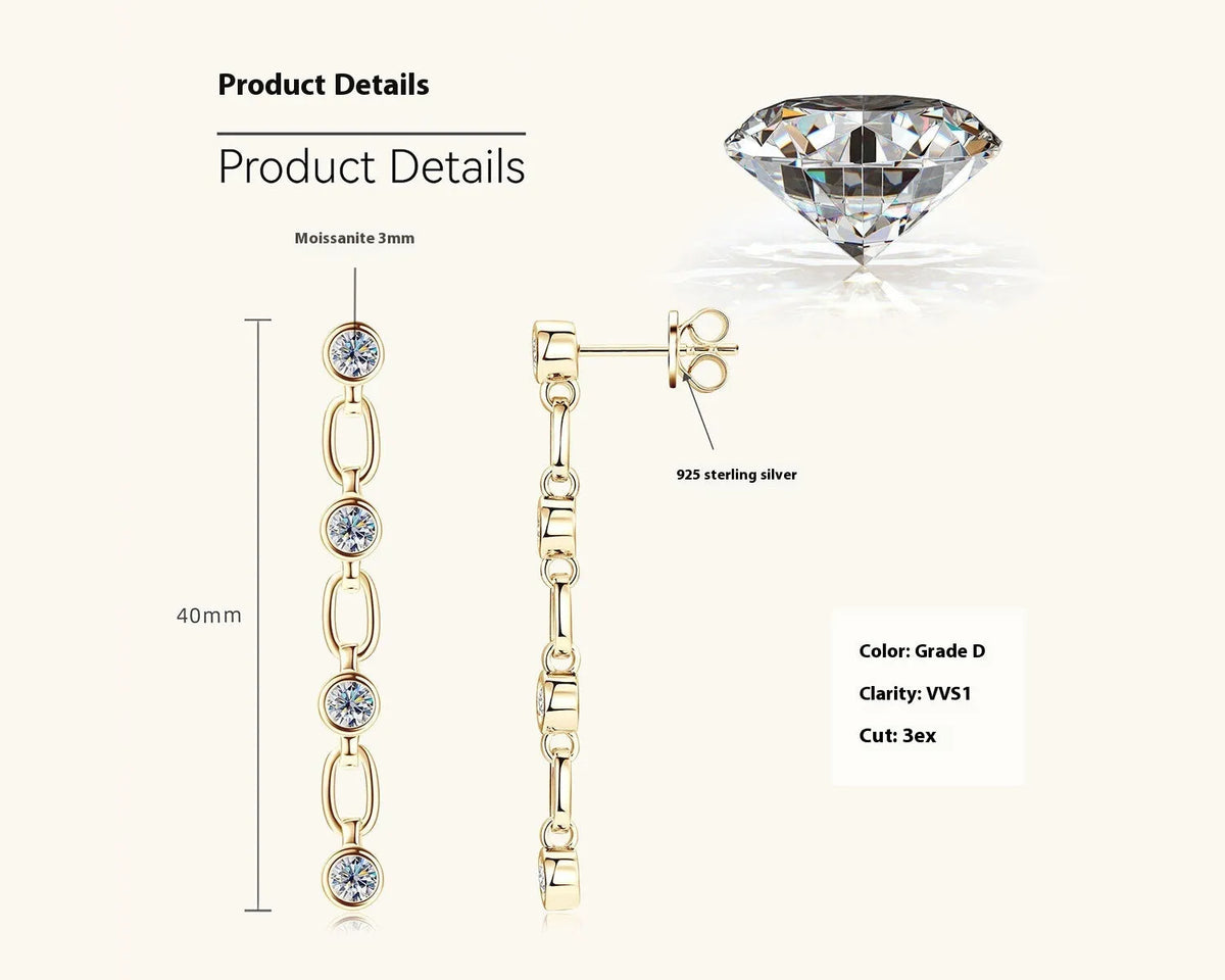Silver tassel moissanite stud earrings in retro European American geometric style, gold colour