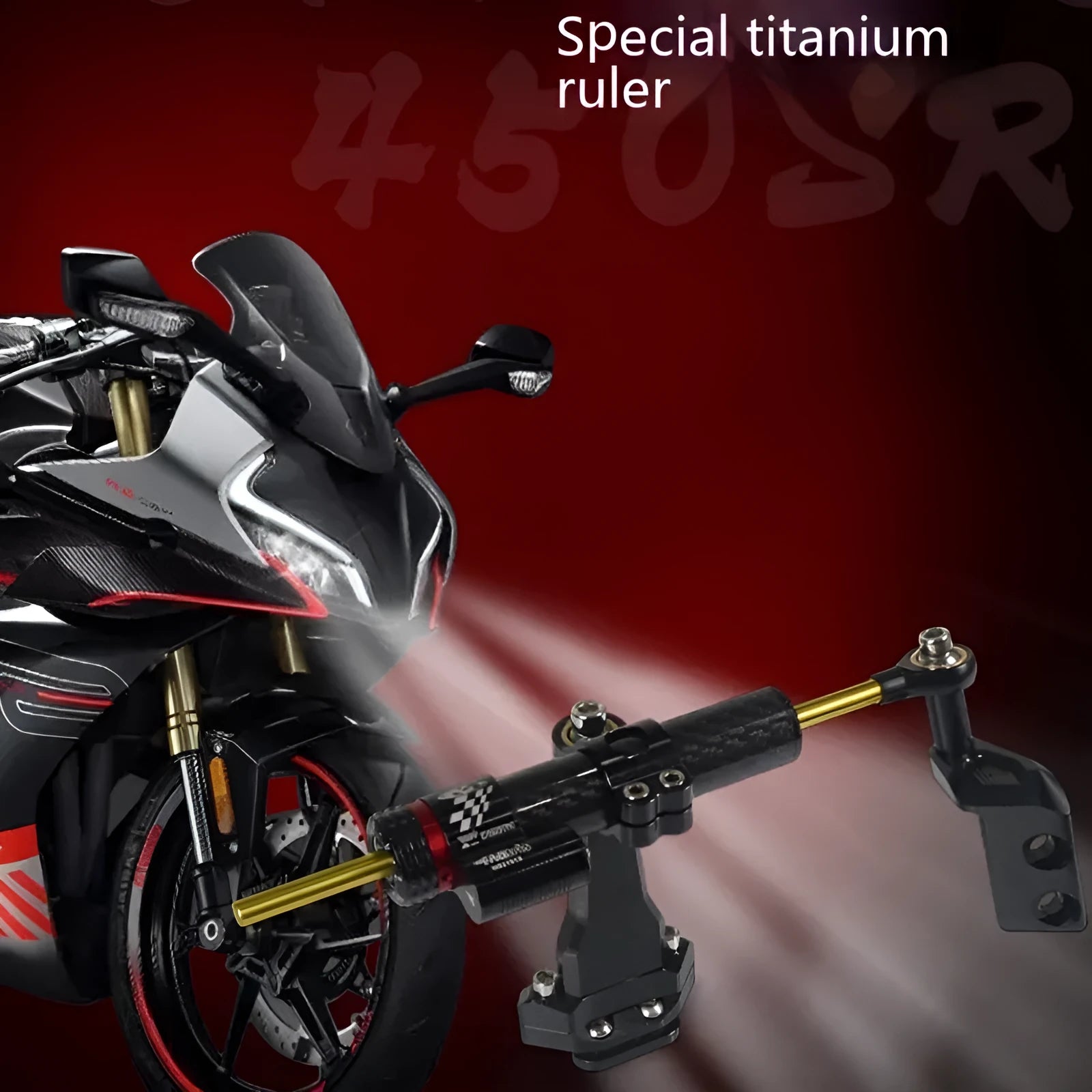 Directional titanium damper bracket for CFMoto 450SR/450SRS motorcycles with carbon fibre finish