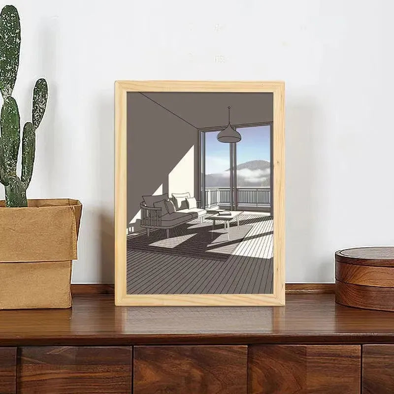 LED illuminated decorative picture on acrylic panel with scenic design and adjustable colour lighting