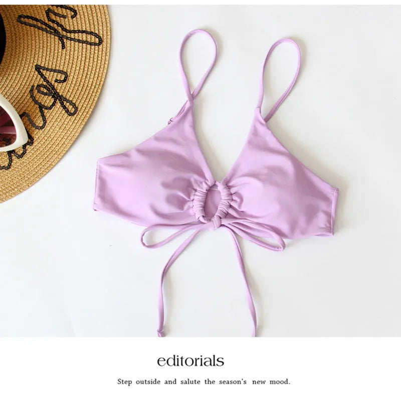 Women's pure colour tied bow split front bikini swimsuit in multiple colour options