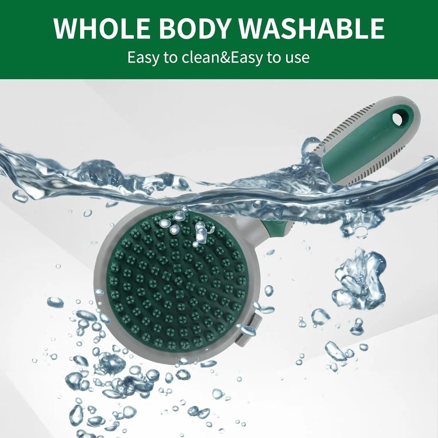 Green two-sided cat grooming brush with retractable slicker and silicone massager head