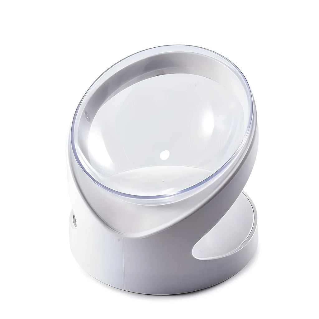 White elevated cat food bowl with a tilted surface on a raised platform.