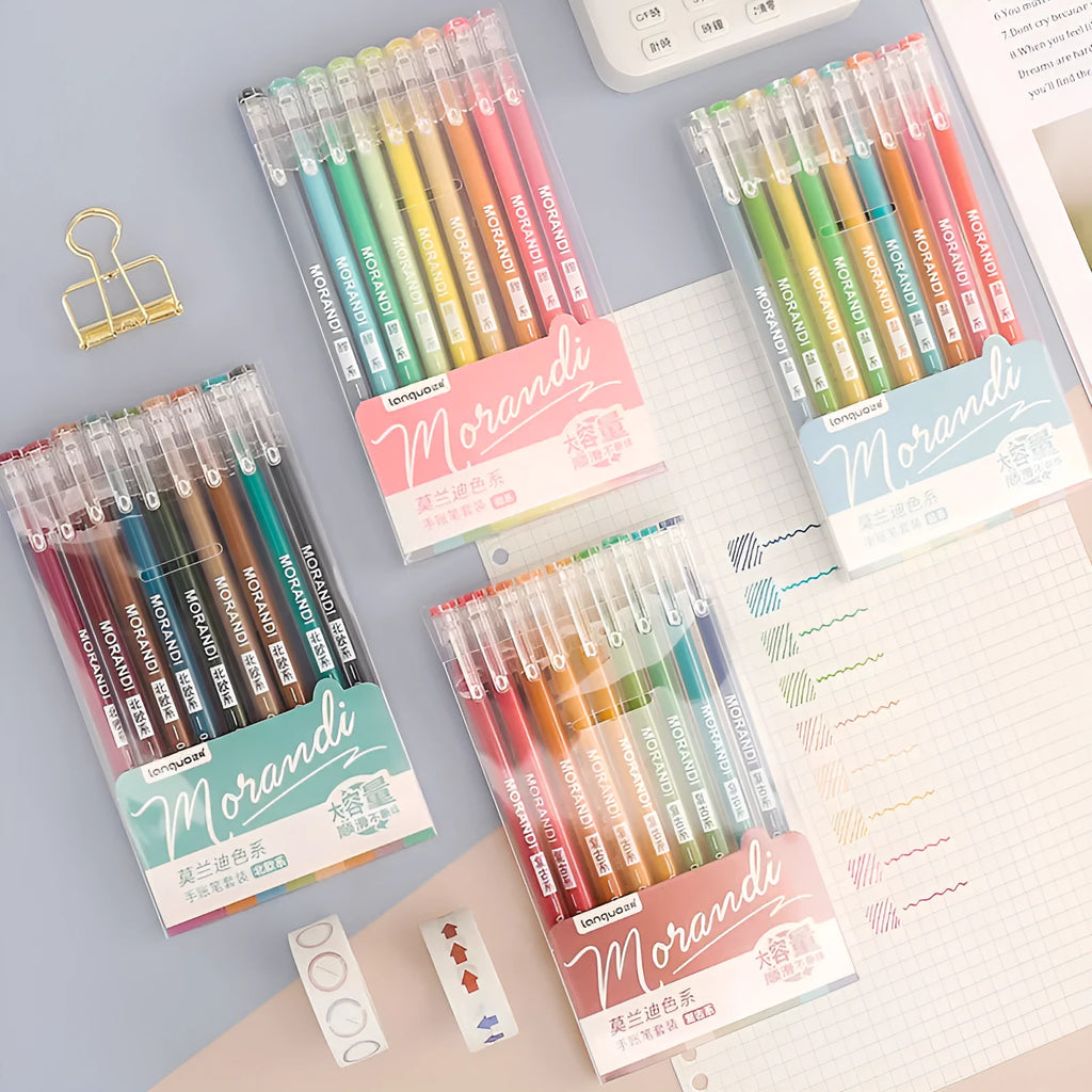 Retro gel pen set of nine pens with 0.5mm needle tips in plastic packaging measuring 15.2 by 8.5cm