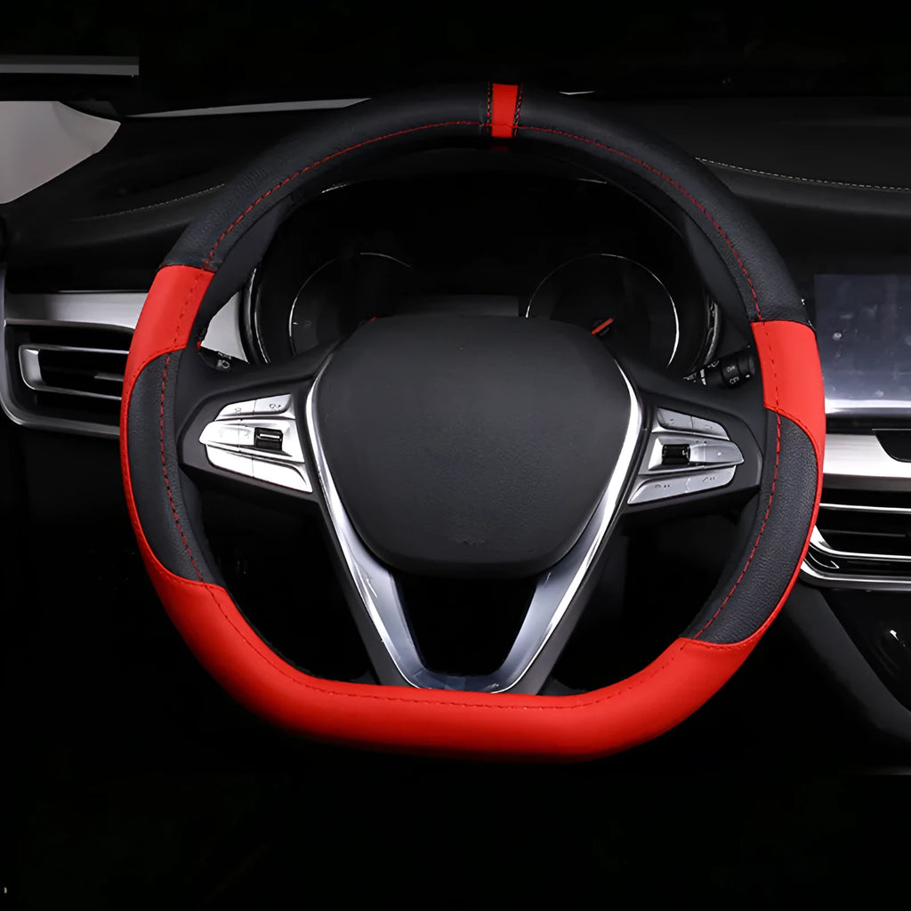 Universal leather steering wheel cover for 38cm wheels in multiple colour options