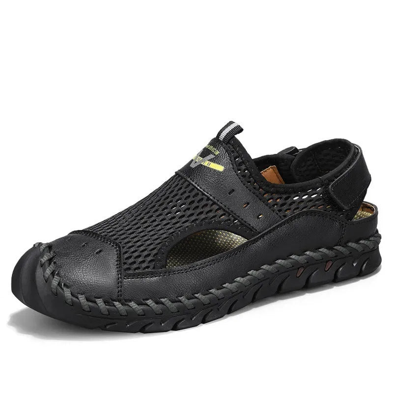 Men's brown genuine leather elastic band slip-on loafers with round toe and rubber sole