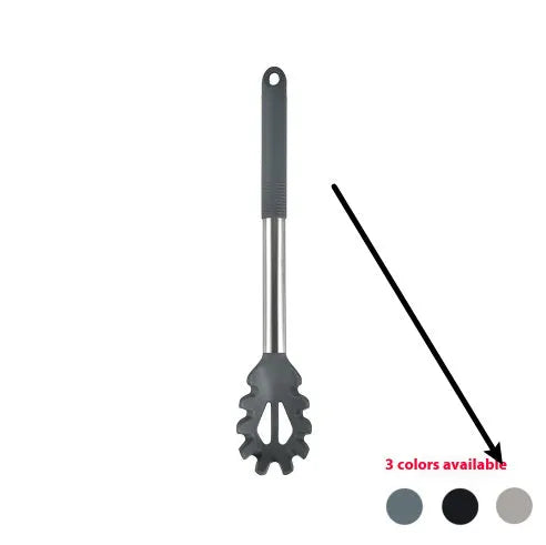 12-piece silicone kitchen utensil set in rotating storage bucket, showing spatula, ladle, and other tools.