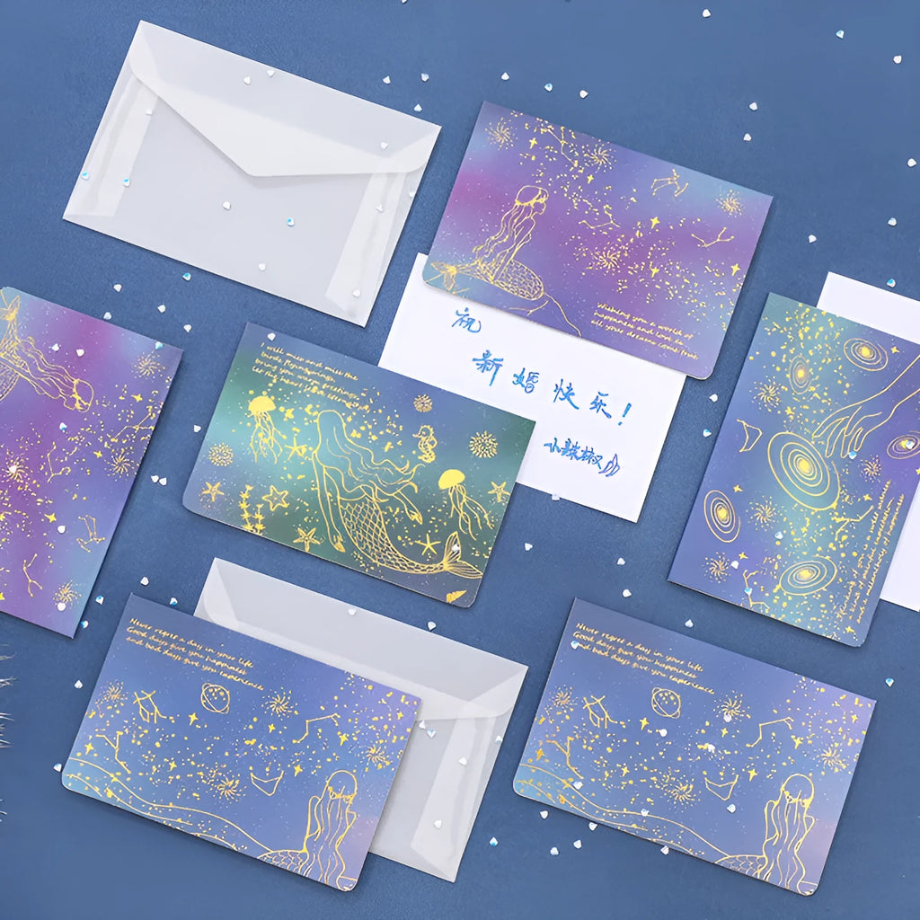 Set of three bronzing finish folding greeting card envelopes in four colour styles, measuring 13cm by 8.5cm.
