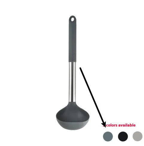 12-piece silicone kitchen utensil set in rotating storage bucket, showing spatula, ladle, and other tools.