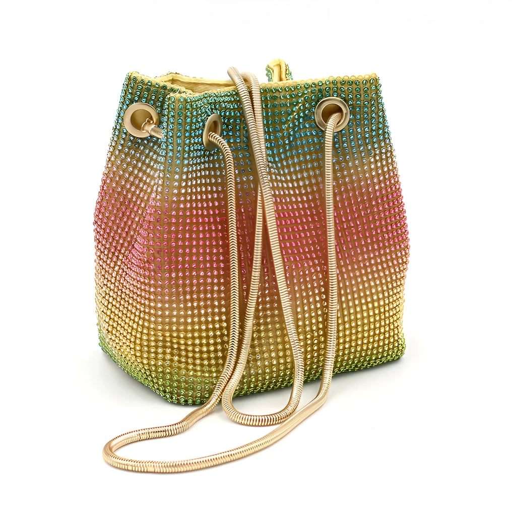 Rainbow sparkle rhinestone fabric bucket bag with a soft texture