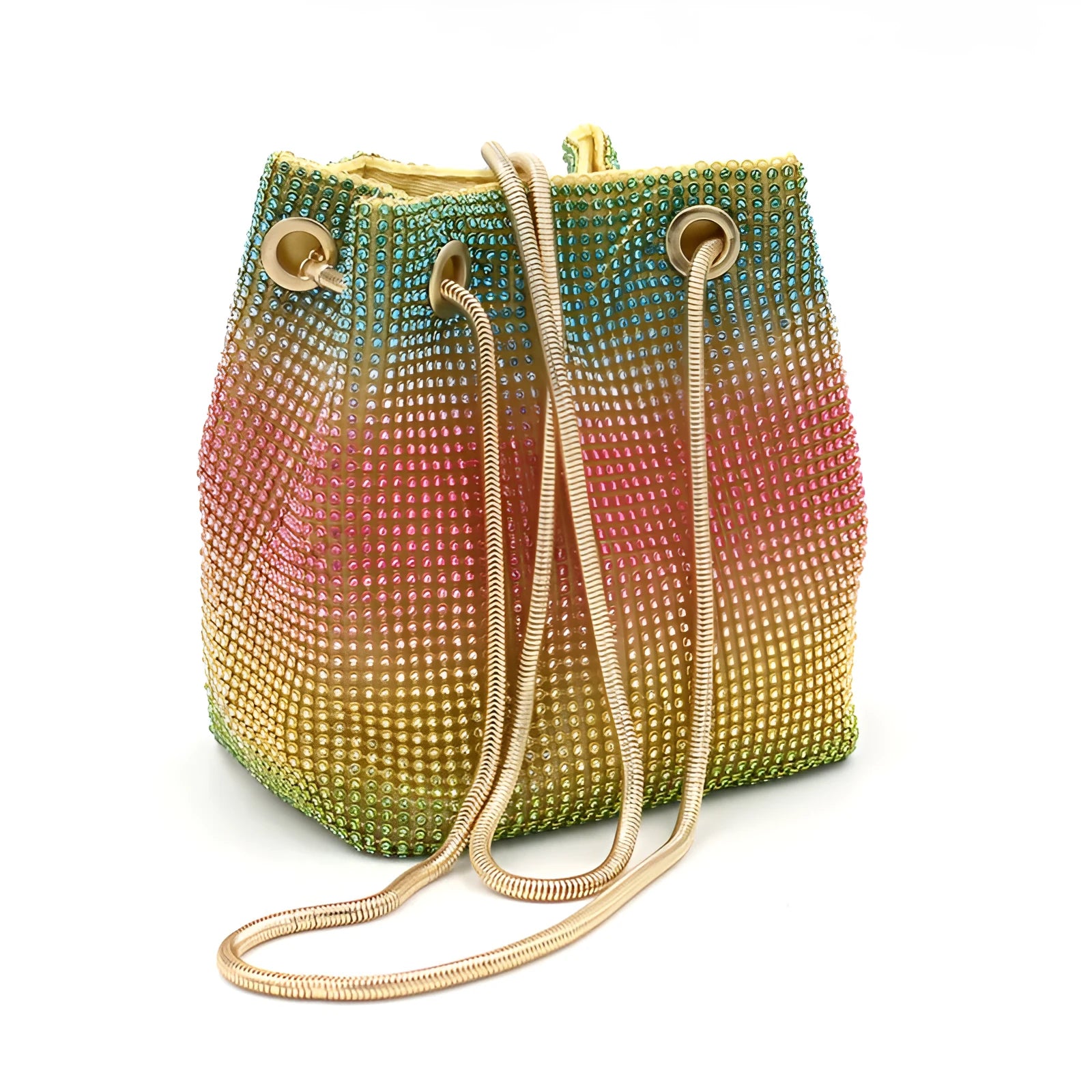 Rainbow sparkle rhinestone fabric bucket bag with a soft texture