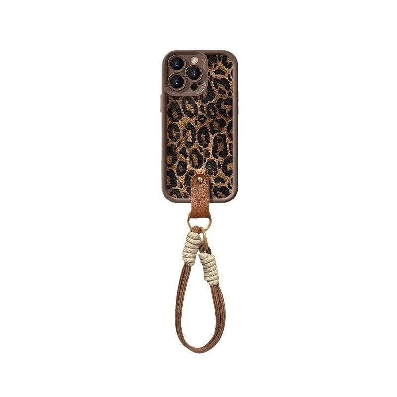 Brown leopard print silicone iPhone case with lanyard attachment point on side