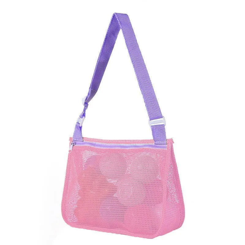 Blue nylon mesh travel storage organiser bag for children's toys and clothing, sealed, measuring 20x25x8cm.