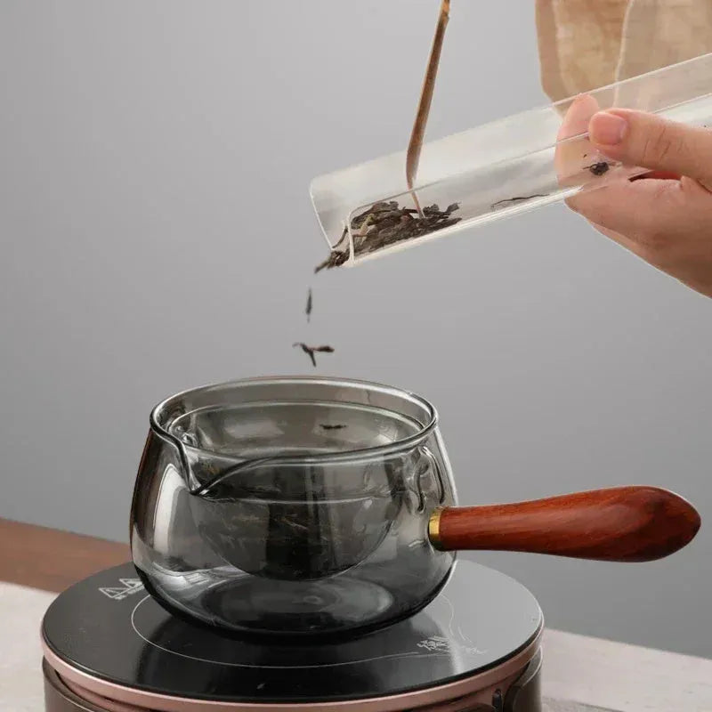 Semi-automatic rotary glass teapot with wooden handle and infuser in transparent borosilicate glass