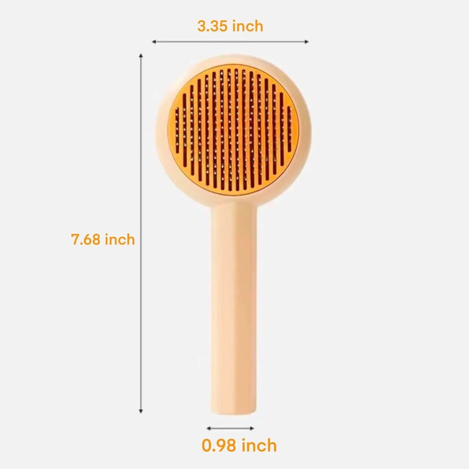 Blue pet grooming brush with angled bristles and self-cleaning button for cats and dogs