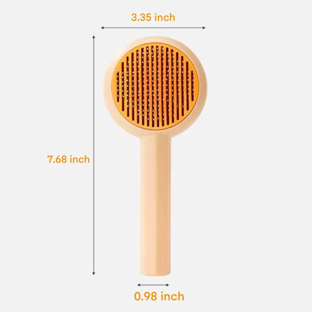 Blue pet grooming brush with angled metal needles and self-cleaning button