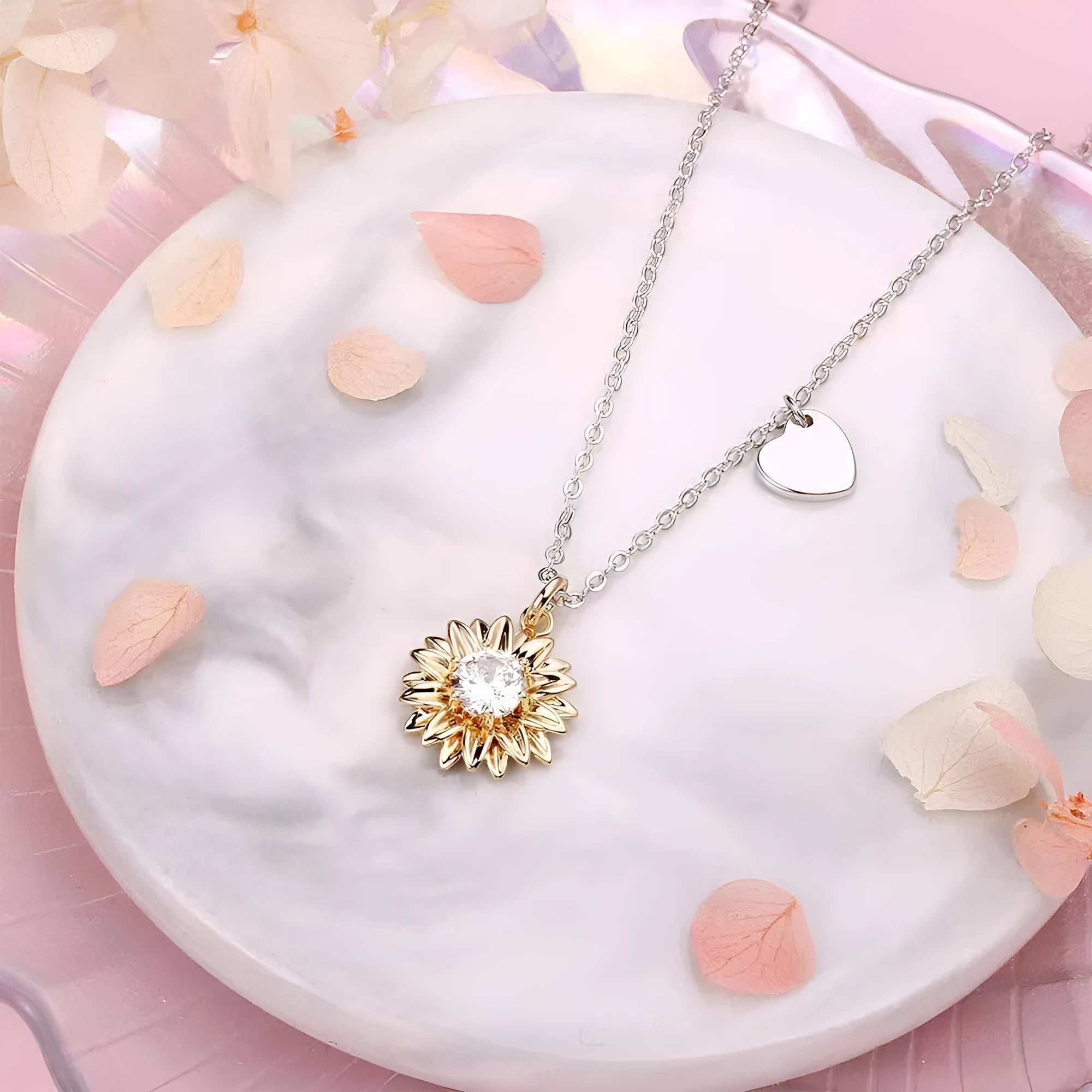 925 silver Love Sunflower necklace with geometry pendant and adjustable cross chain.