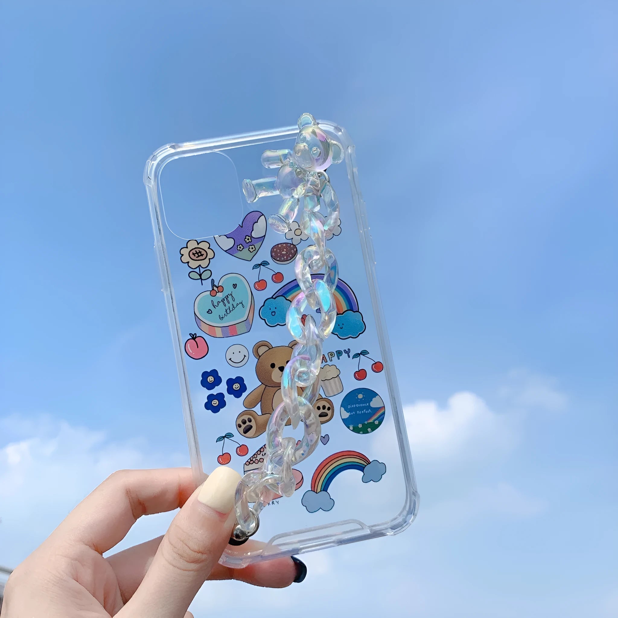 Bear chain charm on a TPU protective case for iPhone, featuring a Japanese Korean cartoon style design.