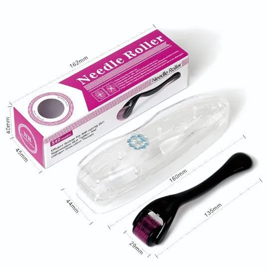 Titanium microneedle derma roller with 540 needles, shown in black and purple handle options for facial, scalp, and beard care.
