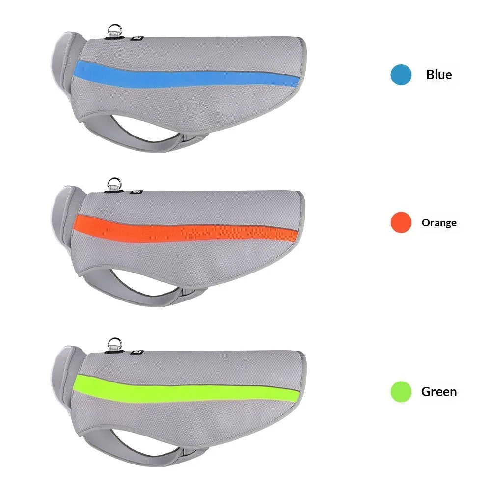 Mesh cooling vest for medium and large dogs in orange, blue or green, sizes 3XL to 6XL, unisex pet clothing