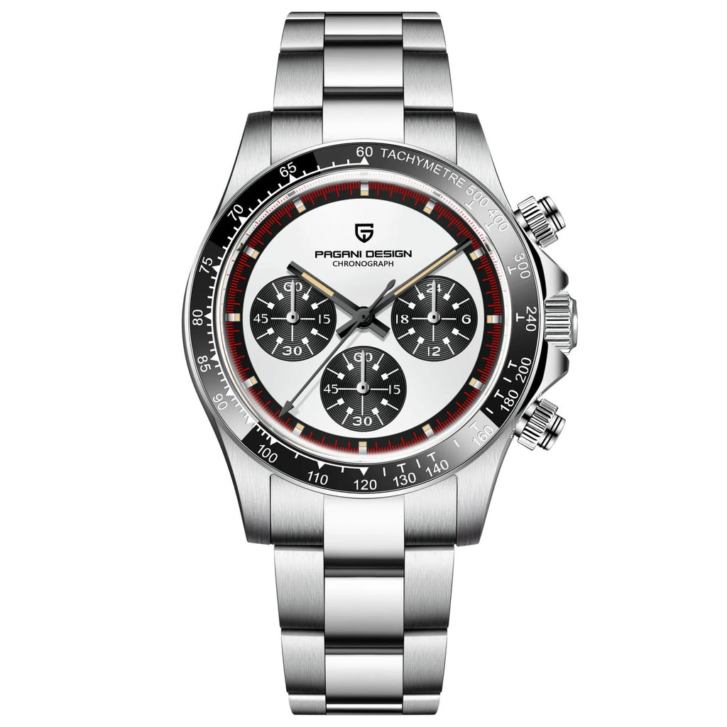 Men's black or white chronograph watch with stainless steel bracelet and 40mm dial