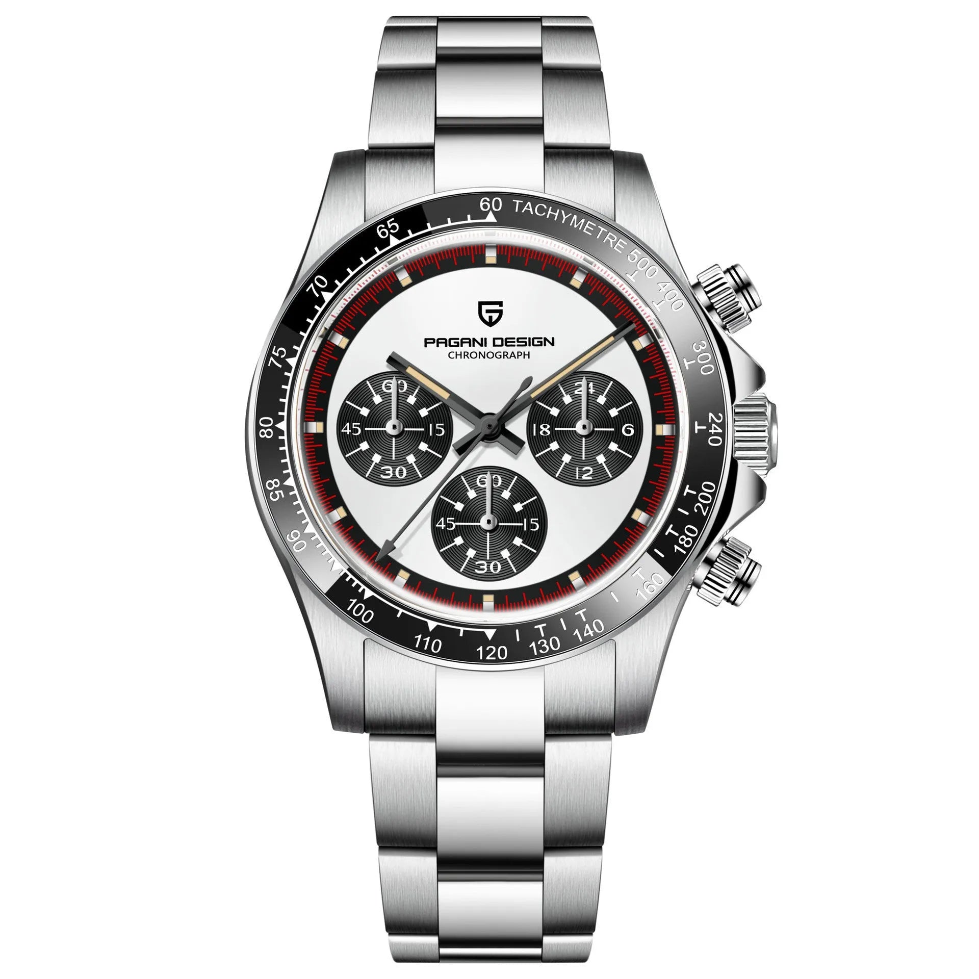 Men's black or white chronograph watch with stainless steel bracelet and 40mm dial