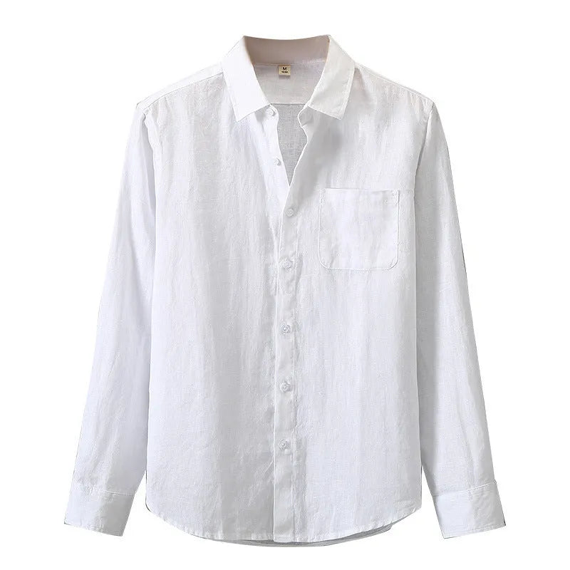 Linen long sleeve loose fit Chinese style cardigan shirt in solid colour