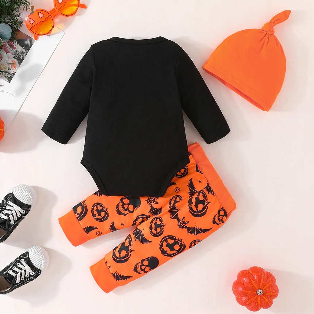 Baby Halloween letter print long-sleeve jumpsuit set with pumpkin trousers and removable hood hat on light background