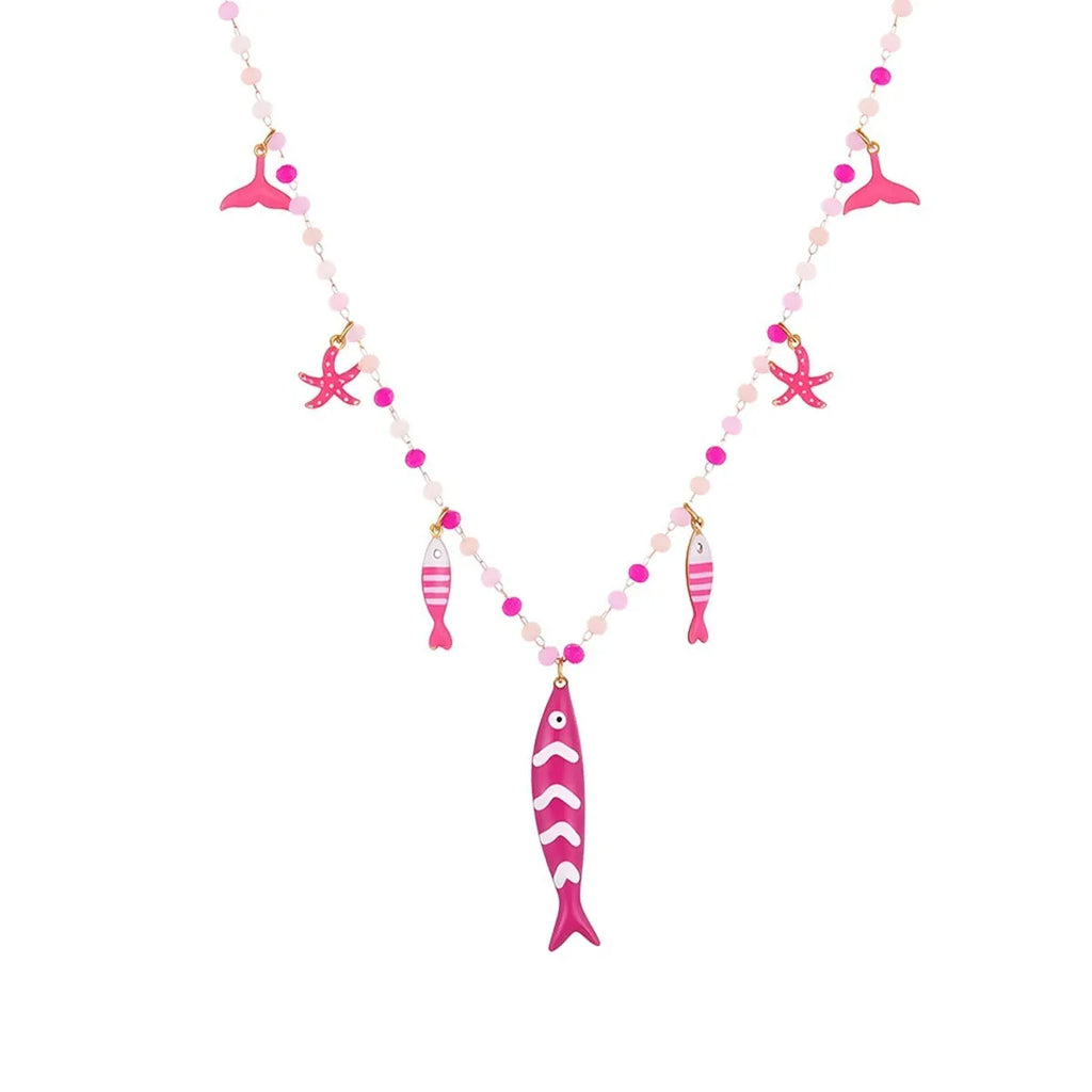 Stainless steel fish pendant necklace with colourful beads, 18K electroplated, pink or blue, 41-50cm chain