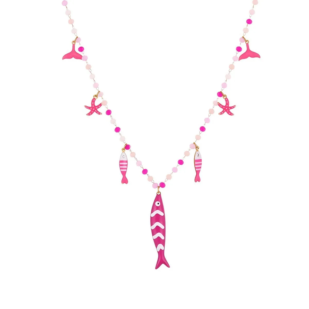 Stainless steel fish pendant necklace with colourful beads, 18K electroplated, pink or blue, 41-50cm chain