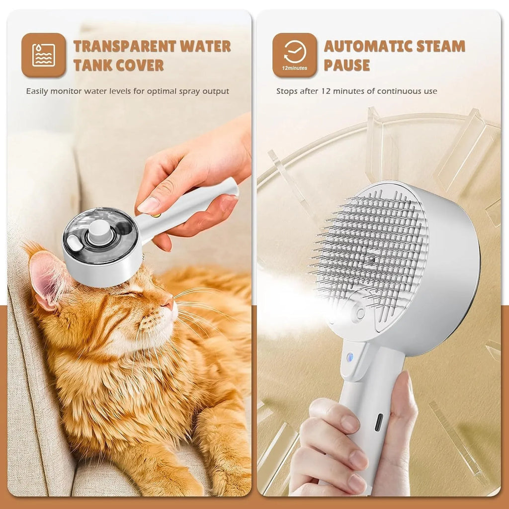Pink and white cat steam brush with adjustable spray and rounded massage head for pet grooming