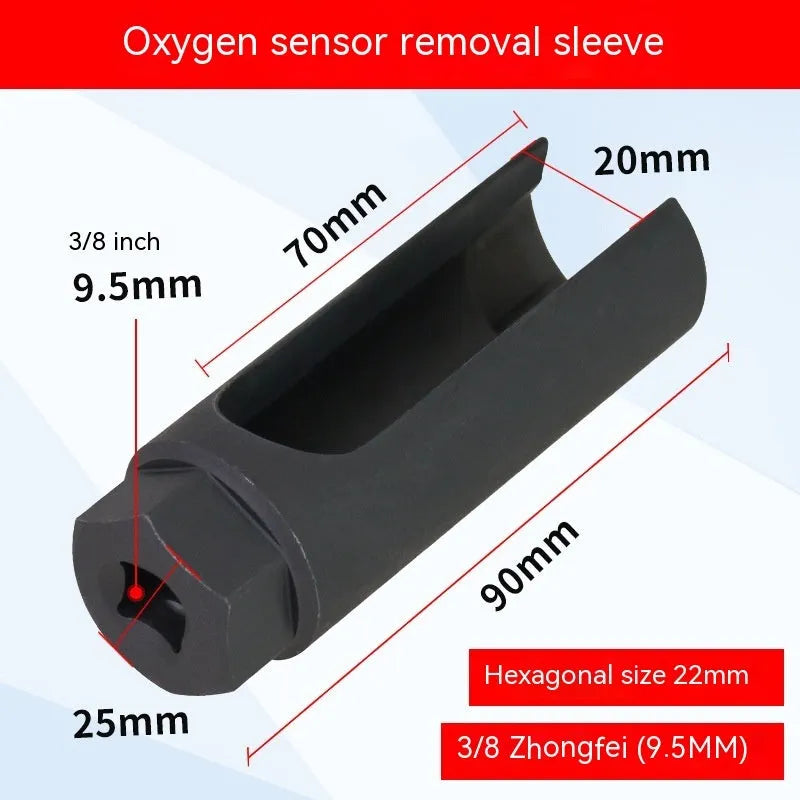 Black chromium vanadium steel oxygen sensor sleeve tool with 22mm hexagonal socket opening.