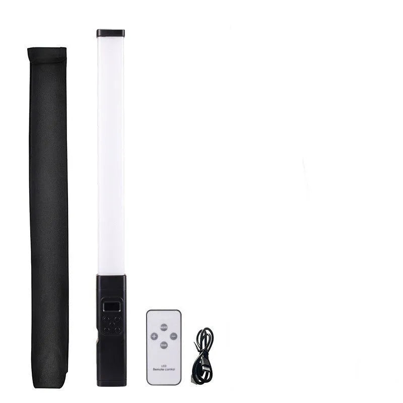 Handheld LED photography light stick showing adjustable colour temperature and a 1/4 inch tripod mount thread.