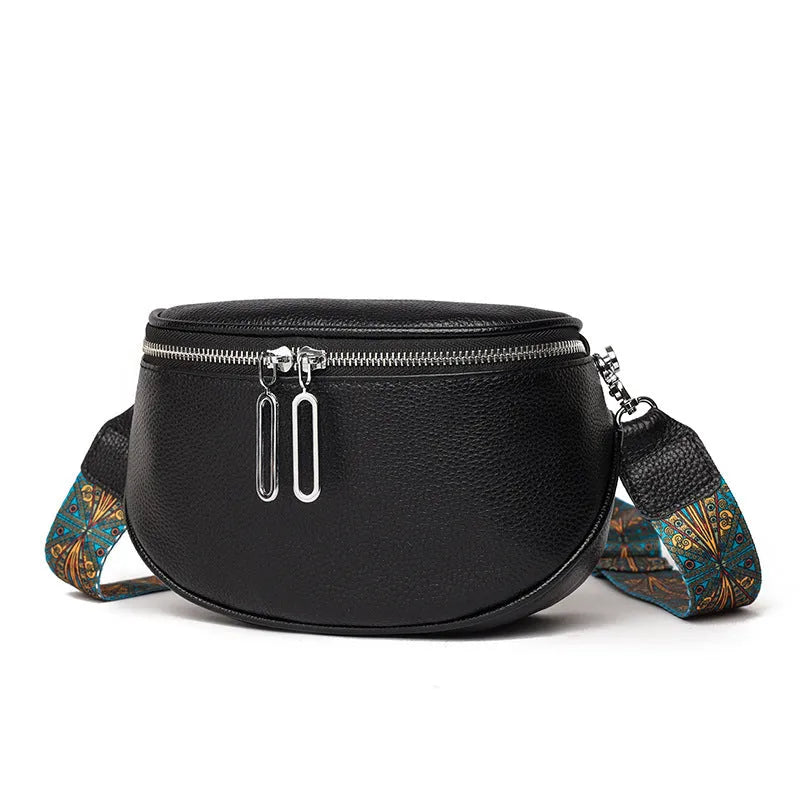Women's soft PU messenger bag with saddle shape design and single shoulder strap in black colour
