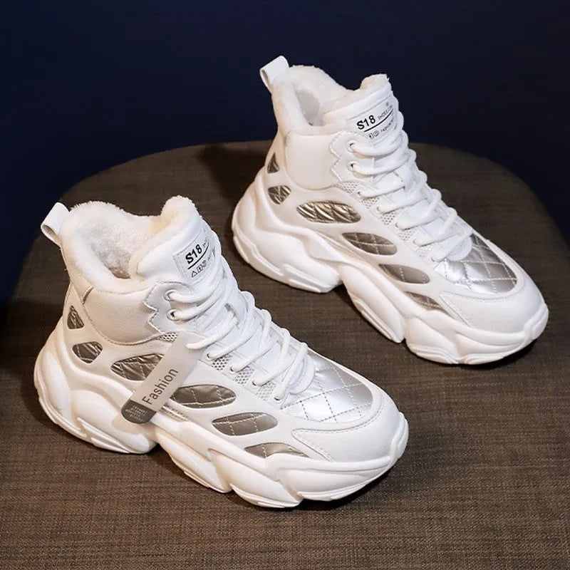 Women's high-top casual shoes with waterproof PU upper, non-slip rubber sole, and suede lining in beige