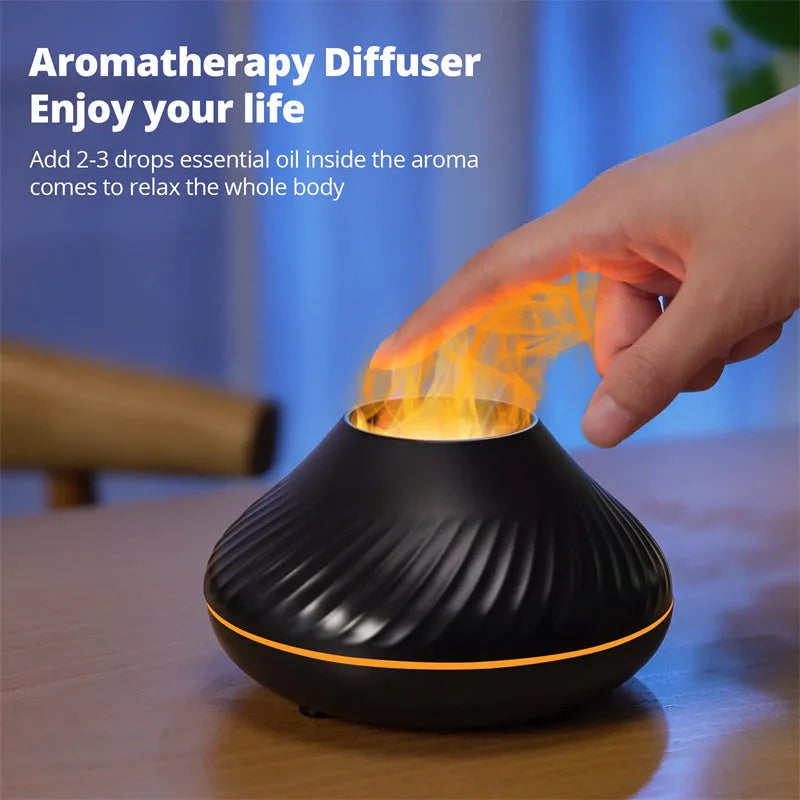 Beige aromatherapy diffuser with LED flame effect lighting and mist output