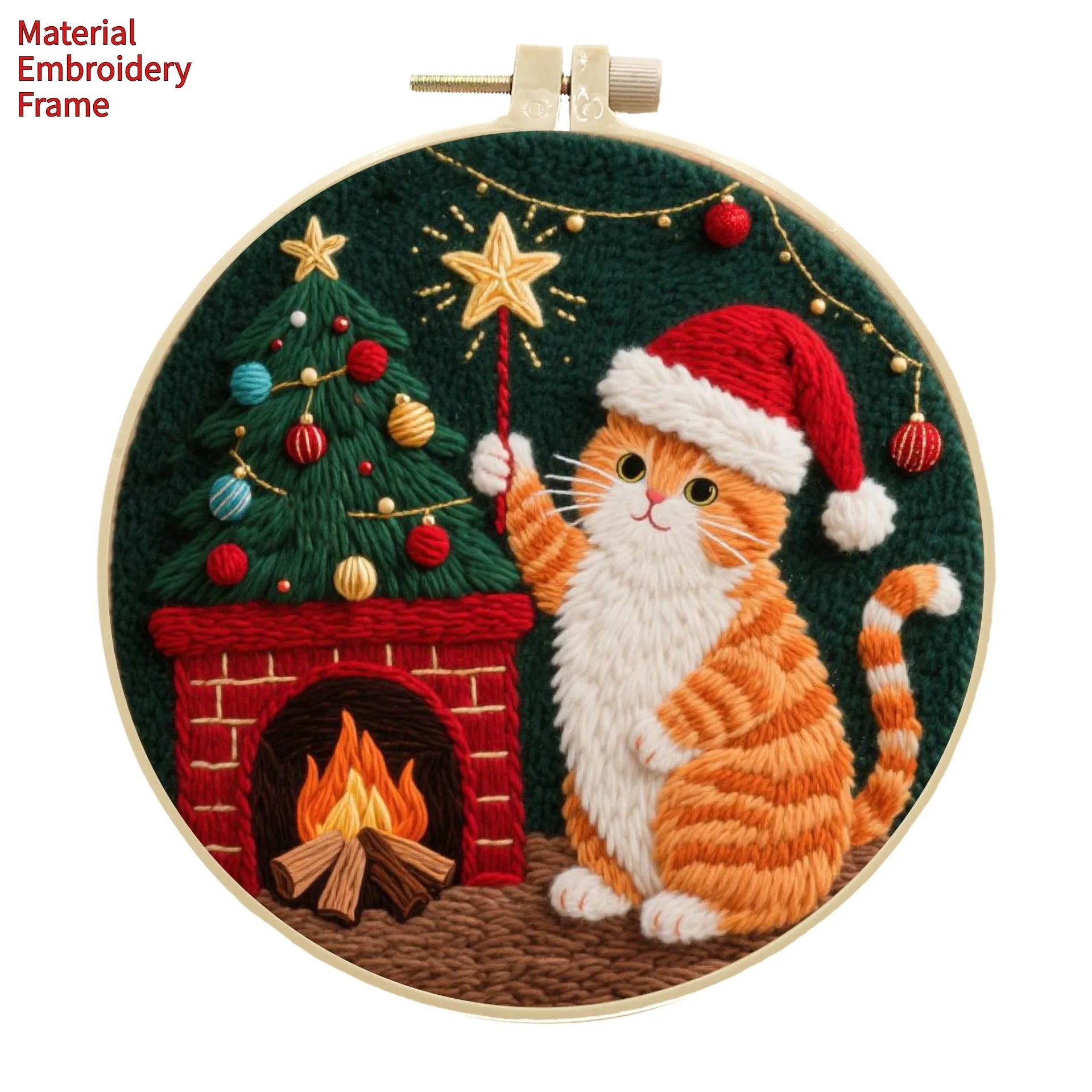 Cat-themed DIY embroidery kit showing Autumn Fruit pattern on cotton linen fabric with optional bamboo frame and scissors.