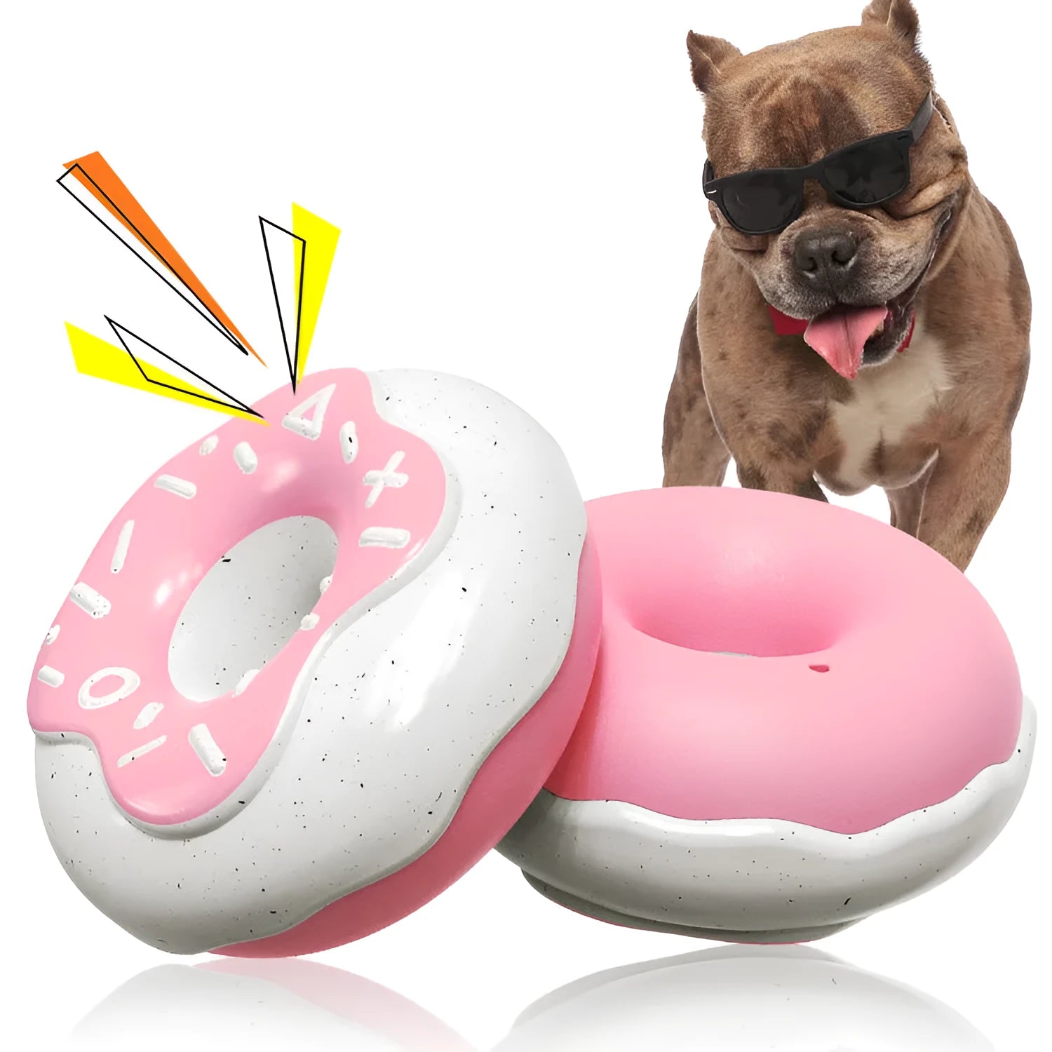 Chocolate, pink, and yellow donut-shaped dog chew toy with sound for dental cleaning.