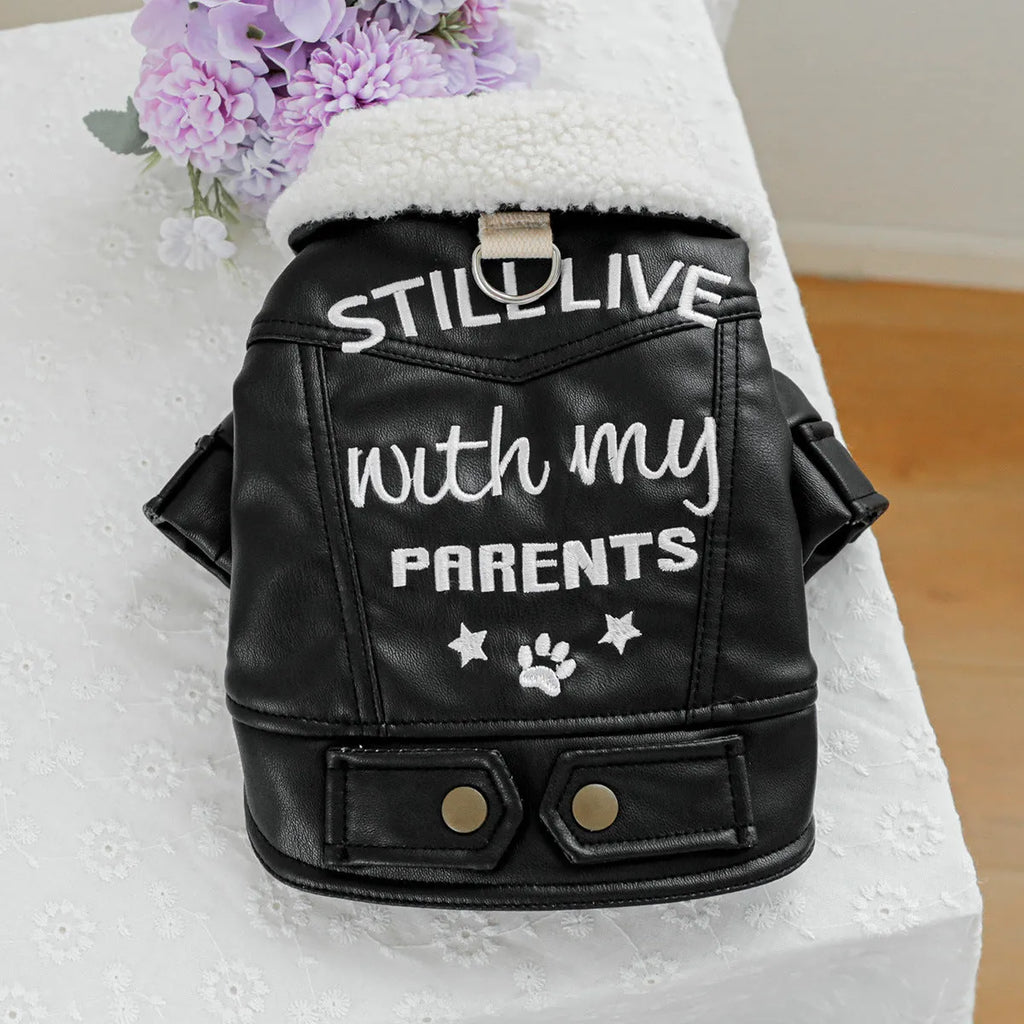 Large fur coat style dog jacket with fleece lining in black, beige or suede colours for winter warmth