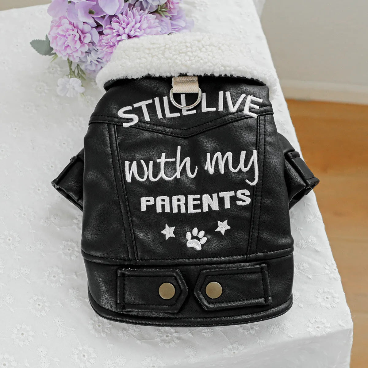 Large fur coat style dog jacket with fleece lining in black, beige or suede colours for winter warmth