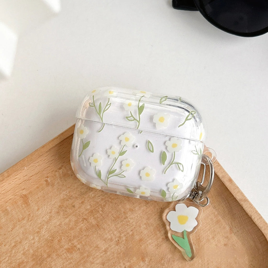 White floral patterned transparent TPU protective case for Apple AirPods headphones
