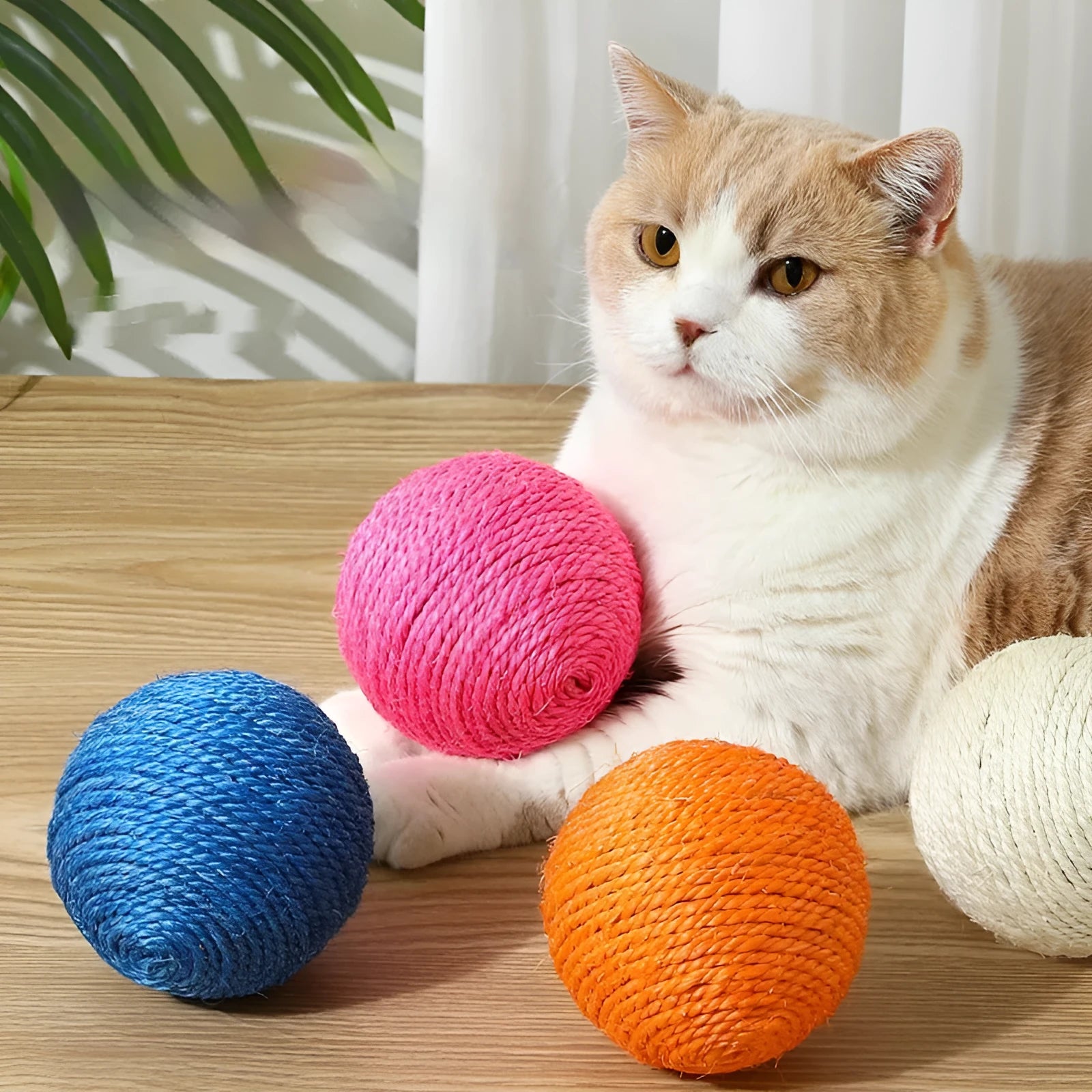 White sisal rope ball cat toy with bell on wooden floor, 8cm diameter