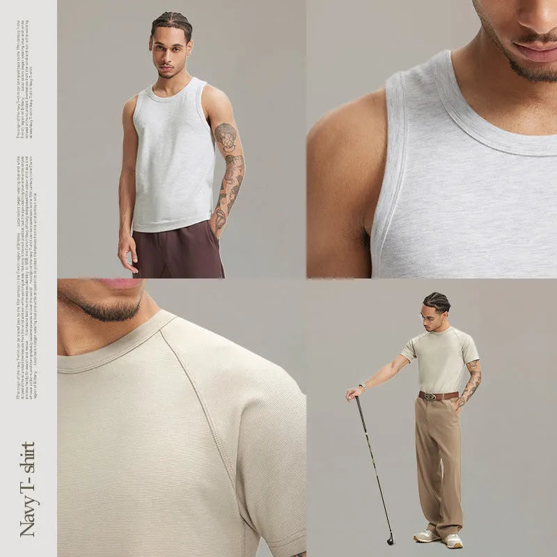 Navy slim fit stretch t-shirt vest on a model, showing the cotton-rayon-spandex fabric blend.