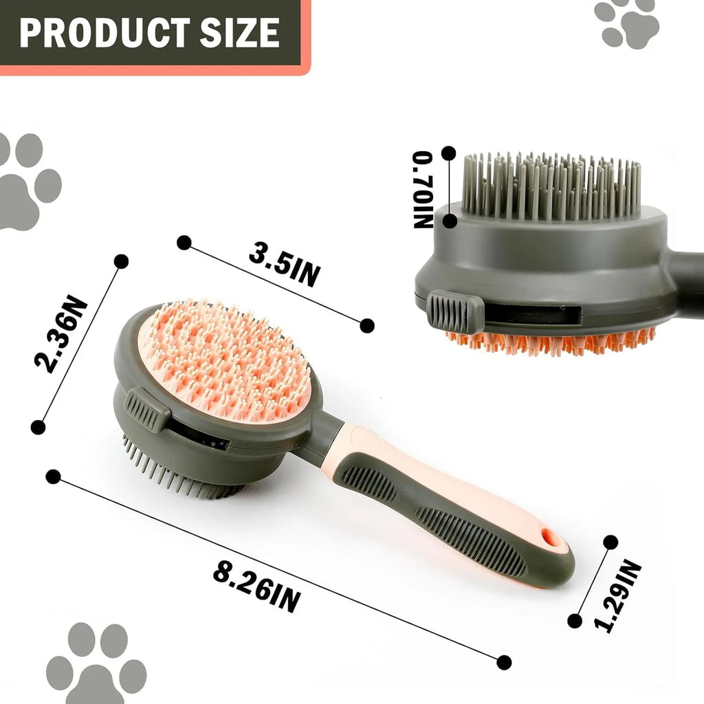 Pink and green double-sided cat grooming brush with release button and separate flea comb