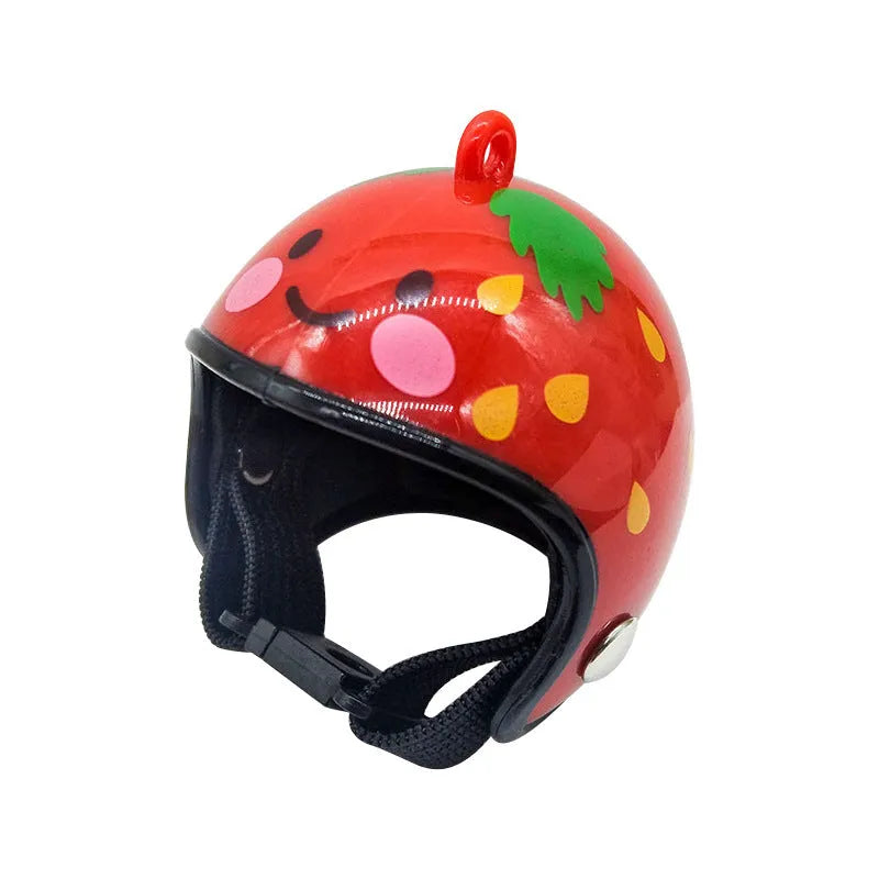 Plastic chicken helmet pet accessory in various colours and designs for poultry headgear.